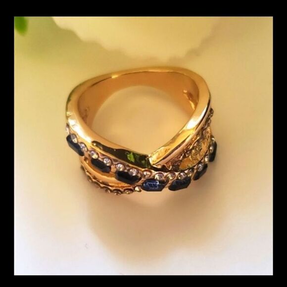 Blue Sapphires & White Baguette Diamond 18K Gold Cocktail Ring on 925 Silver - Picture 3 of 4